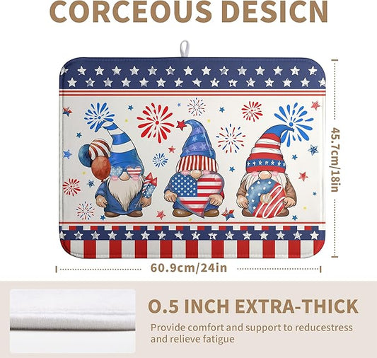 Wnoesat 4th of July Dish Drying Mats for Kitchen Counter 18x24 In Memorial Independence Day Patriotic Gnome Stars Microfiber Drying Mat Fourth of July USA Super Absorbent Dish Rack Mat Drying Pad