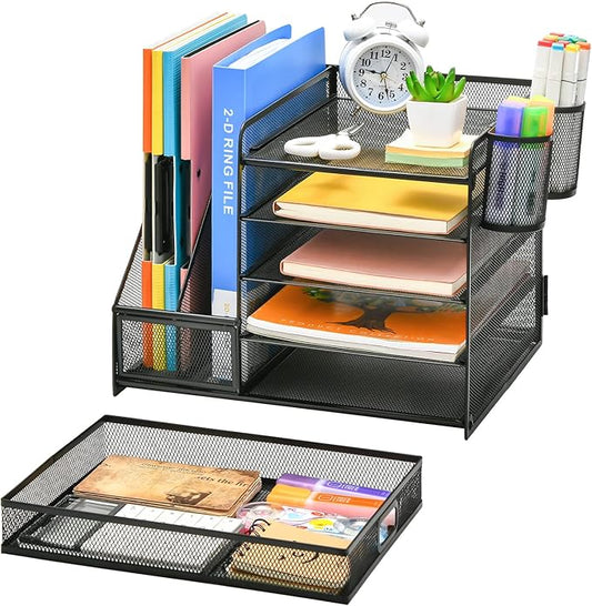 Marbrasse Desk Organizer with File Holder, 5-Tier Paper Letter Tray Organizer with Drawer and 2 Pen Holder, Mesh Desktop Organizer and Storage with Magazine Holder for Office Supplies(Black)