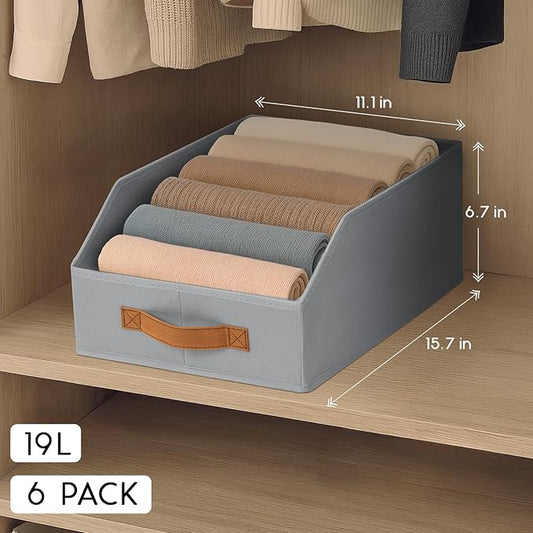Fabric Storage Bins for Organizing - 6 Pack Large Trapezoid Collapsible Storage Bins with Front Handle, Closet Organizers and Storage for Bedroom, Home Shelves, Small Spaces, Grey