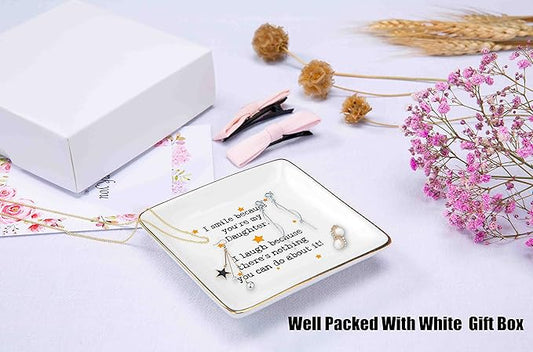 Topthink Daughter Gifts from Mom or Dad-Funny Birthday Graduation Christmas Gifts-I Smile Because You're My Daughter-Ceramic Jewelry Holder Ring Dish Trinket Tray