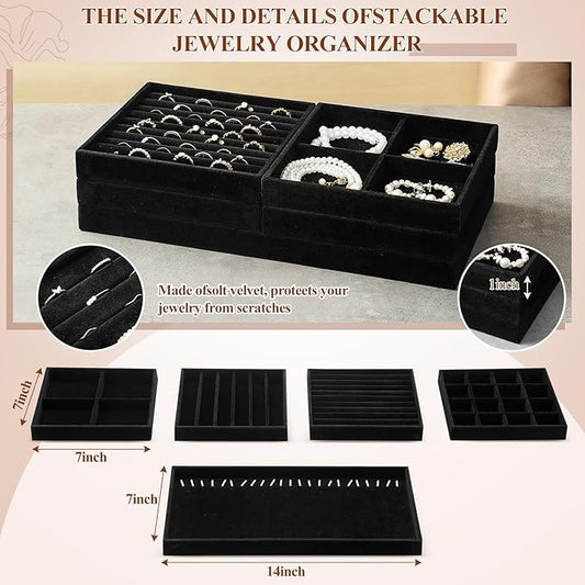 Set of 10 Stackable Jewelry Organizer Trays for Drawer 14 Inch Velvet Jewelry Drawer Insert Display Storage with Removable Divider for Necklace Earring Ring Watch Bracelet (Black)