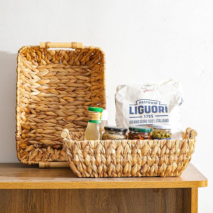 Woven Storage Baskets – Set of 2 Handwoven Water Hyacinth Wicker Baskets with Wooden Handles for Organizing, Decorative Baskets for Laundry Room, Home Decor - 2 Medium