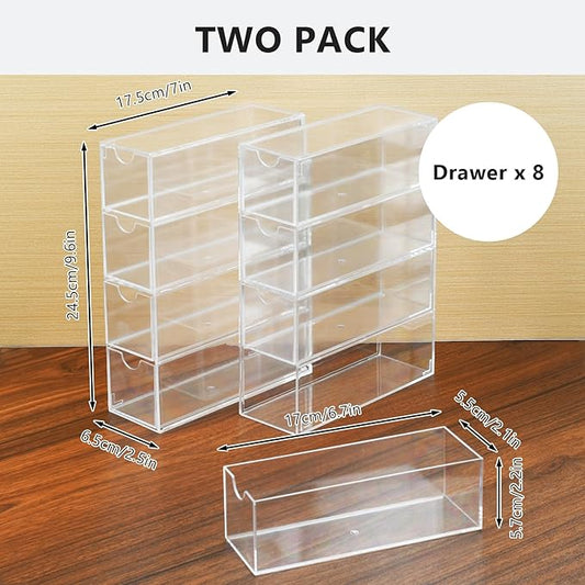 2 Pack Desktop Organizers of 8 Storage Drawers, Clear Acrylic Glasses Storage Drawers Organizer Office Desk Organizer for Vanity Table, Bathroom Counter, Teacher Desk, Dorm