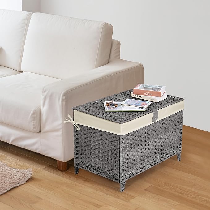 Wicker Storage Basket with Lid,Rattan Shelf Basket with Removable Liner Bag,160L Storage Bin,Storage Trunk with Heightened Feet,Storage Container for Wardrobe,Home Organizer