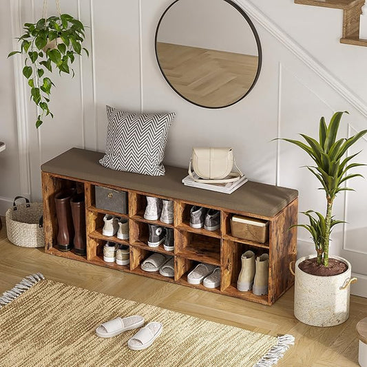 DINZI LVJ Shoe Storage Bench with Cushion, 13-Cubby Shoe Rack, Adjustable Shelves, Multifunctional Shoe Organizer Bench for Entryway, Mudroom, Hallway, Living Room, Bedroom and Garage, Rustic Brown
