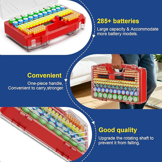 Battery Organizer Storage Holder Box Case with Tester, New Ultra-Large 285+Batteries Double-Sided Variety Pack, Holds AA AAA 4A C D Button Cell 9V 3V CR123 CR1632 LR44 Lithium18650 CR2 Red