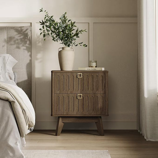SICOTAS Modern Fluted Nightstand with 2 Drawers, 21" Wide Wood Bedside Table with Gold Handle, Mid-Century End Table for Bedroom, Apartment