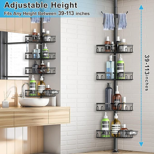 Clothink Corner Shower Caddy Tension Pole 4 Tier Adjustable Stainless Steel Shower Shelf for Inside Shower Bathtub Shampoo,Standing Bathroom Organizer Shelves with 39 to 113 inch Height
