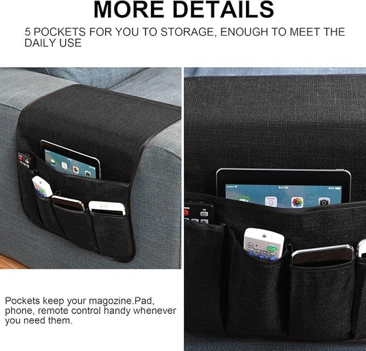 Sixyotie Sofa Armrest Organizer Non-Slip Remote Control Holders for Recliner Couch Chair Armchair Caddy with 5 Pockets for Table,Cell Phone,Ipad,Magazines,Books (13x35In, Black)
