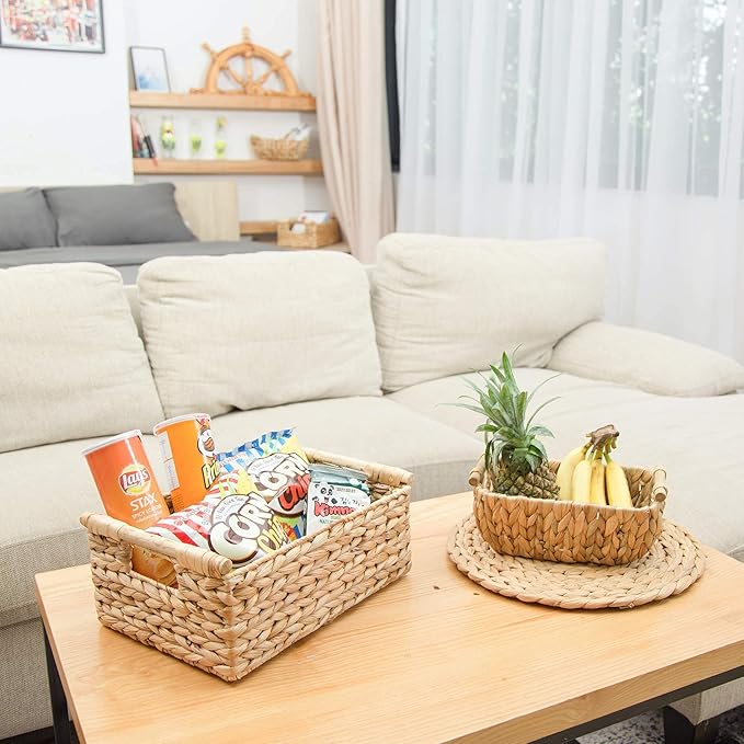 VATIMA Hyacinth Medium Wicker Basket 13.6x9.5x5.6" - With Handle, Living Room Decor, Rectangular Design