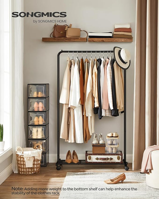 SONGMICS Clothes Rack with Wheels, Clothing Rack for Hanging Clothes, 25.4 mm Metal Garment Rack with Dense Mesh Storage Shelf, 110 lb Load Capacity, 2 Brakes, Black UHSR25BK