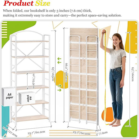 UDD Folding Bookshelf No Assembly, 65" H x 23.7" W, 6 Shelf Foldable Bookcase Industrial Collapsible Bookshelves, Open Storage Book Shelves for Small Spaces Home Office Living Room, Light Oak White