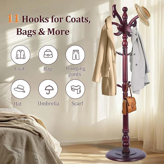 73" Wooden Coat Rack Freestanding, Coat Rack Stand With 18 Hooks And Round Solid Wood Base,Adjustable Height, Easy To Assemble For Entrance Hallway Office Living Room Bedroom (fishtail)