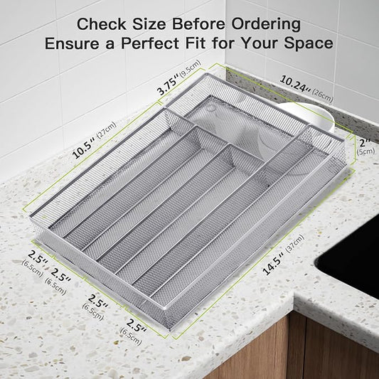 Neudeco Silverware Drawer Organizer Holder, Cutlery Tray Silverware Flatware Storage Divider for Kitchen, Bedroom, Living Room,Mesh Wire with Non-slip foam Feet, 5 Compoment( Silver)