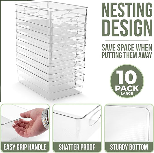 Sorbus 10-Pack Large Clear Plastic Organizing Bins – Clear Bins for Organizing, Refrigerator Organizers, Fridge Organizer, Pantry Storage, Kitchen Organizer, and Pantry Organizers and Storage Bins