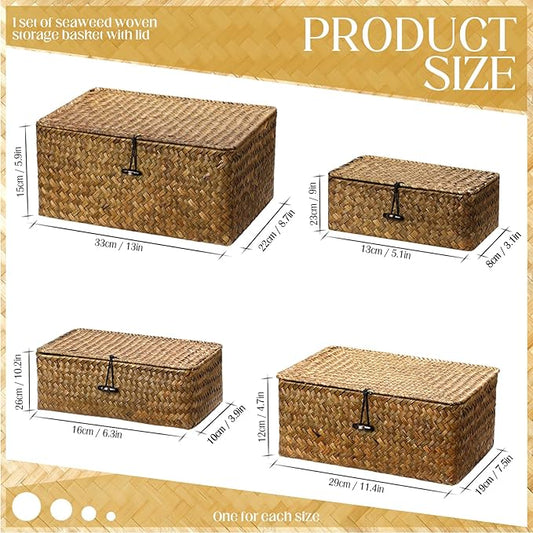 Woanger Set of 4 Wicker Storage Baskets Organizer,Handwoven Storage Bins with Lid for Organizing, Home Utility Box for Home Office Supplies Multipurpose Container(Retro Color)