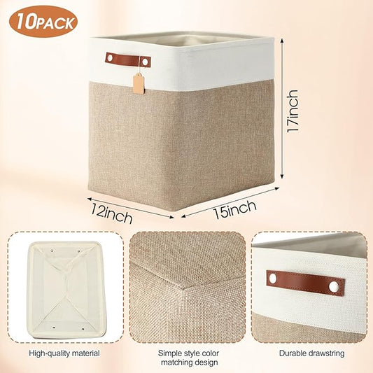 Uiifan 10 Pcs Collapsible Storage Bins Fabric Foldable Storage Basket with Handles Cloth Organizer Linen Shelf Baskets for Shelves Home Closet Nursery Toys(17 x 15 x 12 Inch,Beige and White)