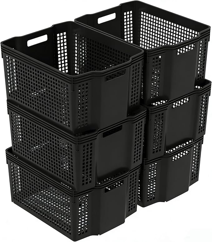 6-Pack Large Plastic Deep Stacking Baskets, Black Storage Baskets, Multi-Purpose, Ideal for Closets, Cabinets, Shelves, Countertops