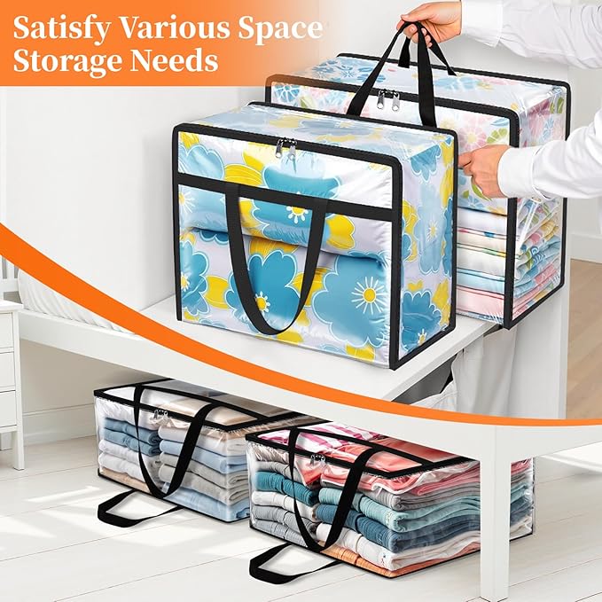 SpaceTrove Clear Clothes Storage Bags, 8 Pack Closet Organizers and Under Bed Storage Containers, Foldable Moving Bags with Zippers for Comforter, Blanket, Bedding, Duvet, PVC Packing Bags 40L