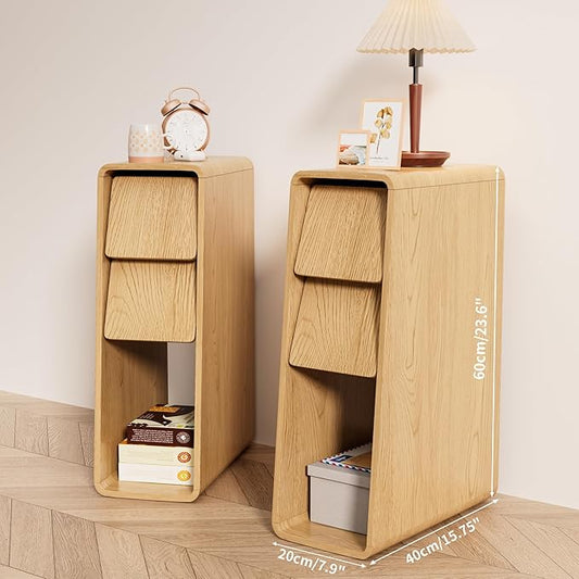 Narrow Nightstand Set of 2, Small Bedside Table, Slim Wooden Night Stand, Mid Century Modern Boho Bed Side Table, Wood Skinny Nightstand with Slanted 2 Drawers, Bedroom, Thin, Oak