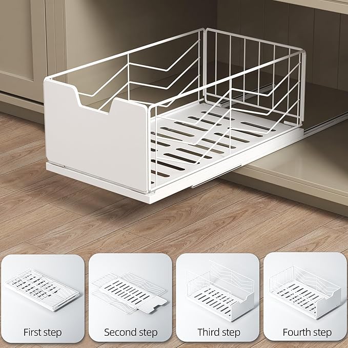 NETEL 2 Pack Pull Out Cabinet Organizer, No Drill Slide Out Drawers for Kitchen Cabinets, Peel and Stick Pull Out Drawers, Kitchen Cabinet Organizer,White,11.8" W X 20.86" D X 6.9" H