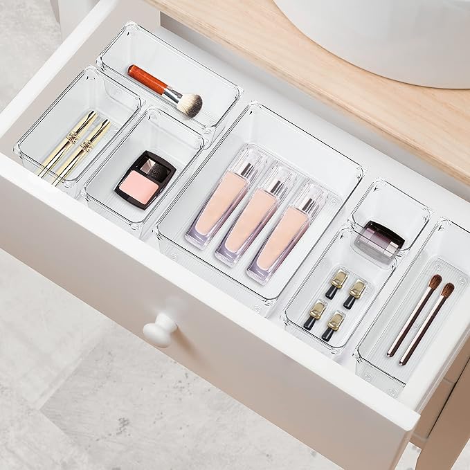 Ravinte 6 Pack Drawer Organizer - 3" X 3" Plastic Storage Bins, Acrylic Organizers with Non-Slip Pads Clear Desk Storage Tray for Makeup, Jewelries, Kitchen Utensils, Bathroom and Office