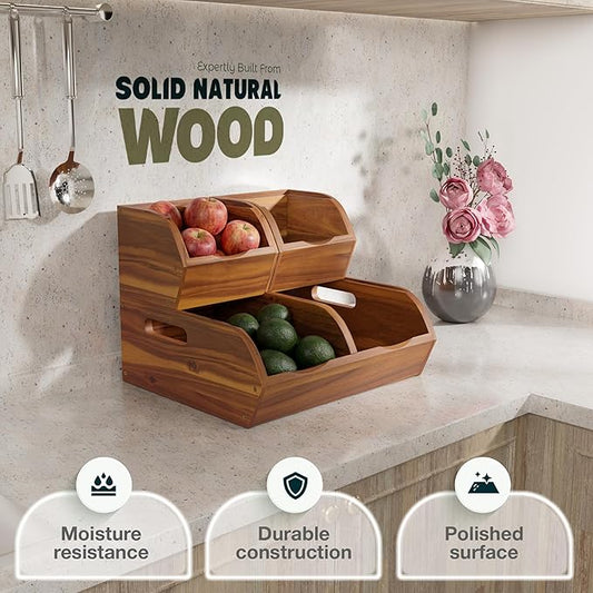 Acacia Wood Pantry Storage Bins – Stackable Open Front Kitchen Baskets for Potato, Onion, Fruit, Bread & More – Rustic Wooden Basket for Pantry - Easy Assembly with Tools & Hardware Included