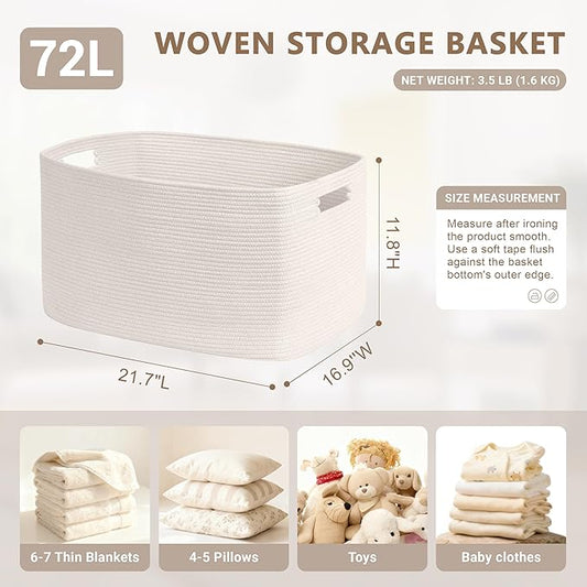 72L Large Baby Girls Laundry Basket for Nursery Storage,Cute Woven cotton Rope Baskets for Kids Toy,Gifts,Boho Square Wicker Blanket hamper for Living Room,Bedroom Dirty Clothes, White