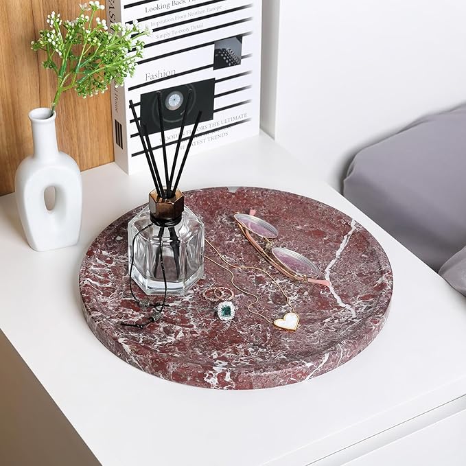 Natural Round Marble Tray, 11.7in Decorative Vanity Catchall Countertop Organizer for Jewelry Perfume Candles, Multi-Purpose Decorative Serving Tray - Rose Lepanto
