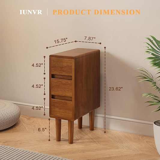 Narrow Nightstand with 3 Drawers Narrow Night Stand Solid Wood Bedside Table Mid Century Modern Nightstand Wooden End Table for Bedroom, Living Room, Study, Office