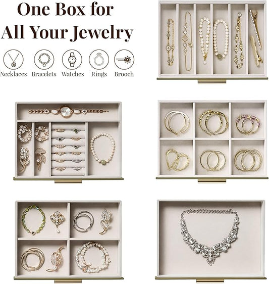 Jewelry Box Organizer Case for Women: 5-Layer Jewelry Storage Case with Glass Window, Olive Green Leather with Cream Velvet, Holder for Ring Necklace Bracelet Brooch Watch, Great Gift for Her