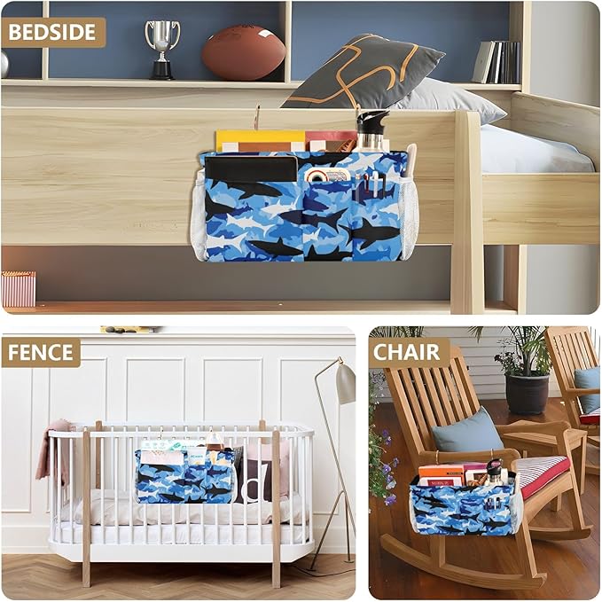 CuwrYet Bedside Caddy Hanging Bunk Bed Caddy Bed Organizer Hanging Pocket with 2 Hooks Bedside Storage Organizer Pocket Bag Holder Marine Bright Sky Blue Shark