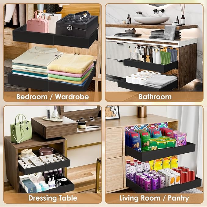 THMINS 2 Pack Expandable Pull Out Cabinet Organizer, 16" Deep Expandable (12.6" - 20.5") 3 Heavy Duty Slide Drawers Pull Out Drawers for Kitchen Storage Cabinet (Black)