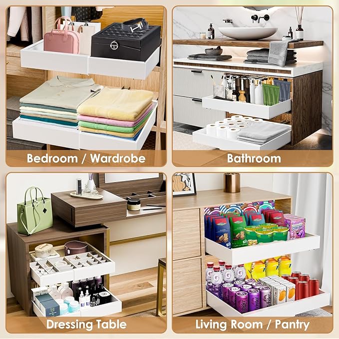 THMINS 4 Pack Pull Out Cabinet Organizer, 16" Deep Expandable(12.6"-20.5") Heavy Duty Slide Out Drawers, Pull Out Drawers for Cabinets Suitable for Kitchen Storage (White)