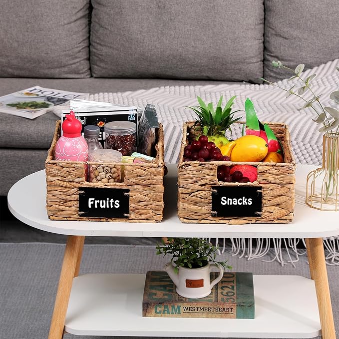 Set of 2 Water Hyacinth Storage Baskets 11x9x4.9inch Collapsible Wicker basket with Chalkboard Labels and Chalk Marker Rectangular Woven Storage Bin Organizers for Kitchen Shelves