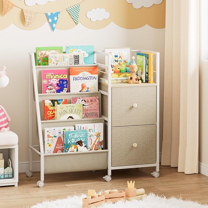 Book Shelf for Kids Rooms, Toddler Bookshelf Baby Bookcase with Kids Storage for Nursery, Bedroom, Playroom, Easy Assembly (Off White)
