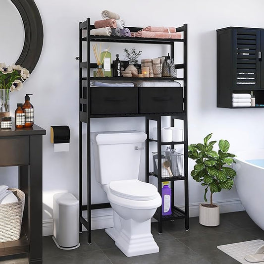 SMIBUY Over-The-Toilet Storage Rack, 6-Tier Bamboo Large Bathroom Organizer with Side Shelves and 2 Drawers, Stable Freestanding Space Saver for Bathroom, Laundry Room(Black)
