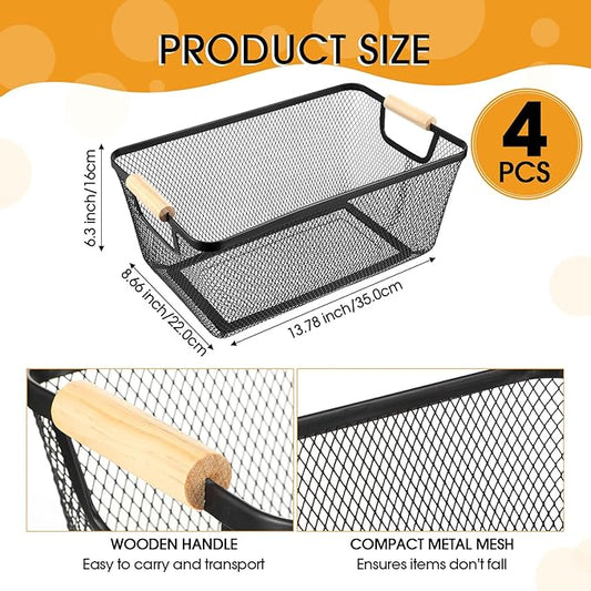 4 Pcs Metal Wire Basket with Wooden Handles Mesh Steel Storage Organizer Bin Containers for Home Organizing Cabinet Pantry Closet Kitchen Fridge Fruit Makeup Snacks Gifts(Large,Black)