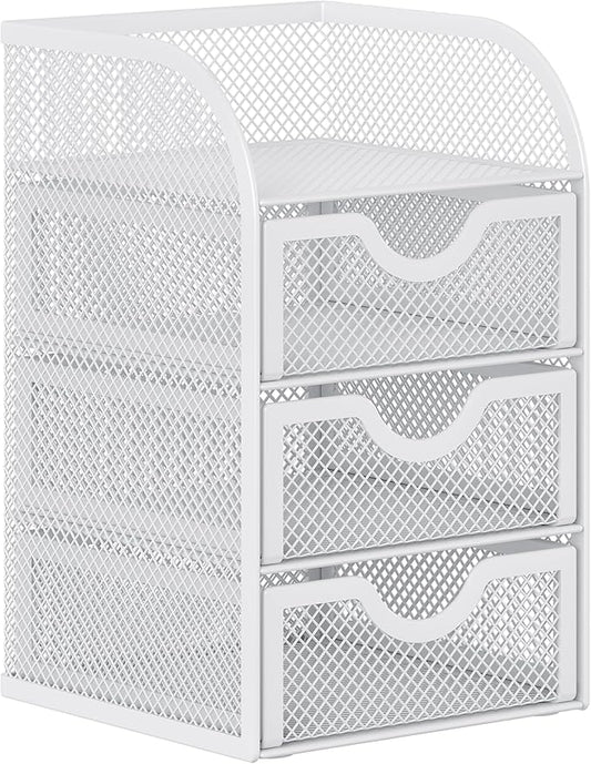 EasyPAG Mesh Desk Organizer with 3 Drawer Office Desktop Organizers and Accessories Stationery Caddy for Office, Home, Students, White