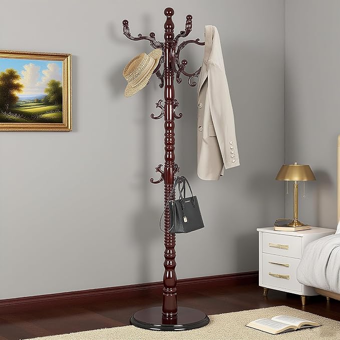 73”Vintage Wooden Coat Rack Freestanding,With 14 Hooks and Sturdy Round Base.Sturdy and Durable Standing Coat Racks,Adjustable Wooden Freestanding Coat Rack for Offices, Bedrooms (Mahogany)