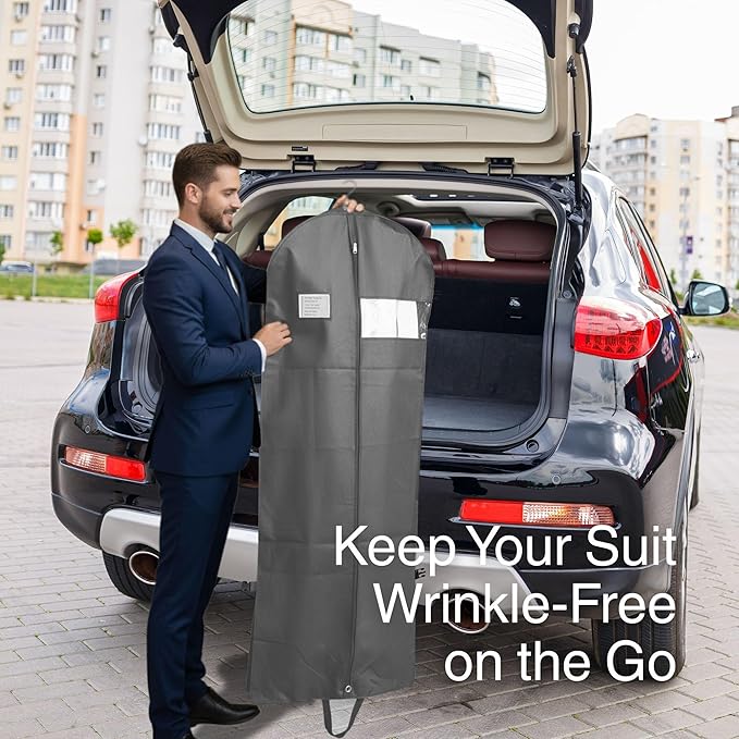 Party Bargains Garment Bag 59-Inch – Non-Woven Hanging Clothes Storage Cover for Suits, Dresses & Coats, Zippered for Closet or Travel (Gray)