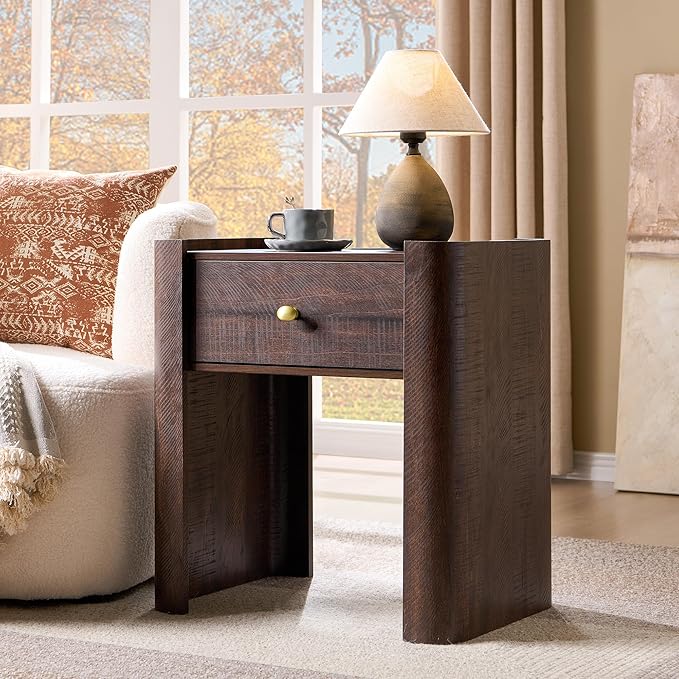 IFGET 23.6" Tall Modern Nightstand Set of 2, 22" Wide Curved Bedside Table with Charging Station, Wooden Night Stand with 1 Storage Drawer, Large End Table for Bedroom, Living Room, Brown