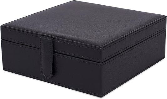 Internet's Best Faux Leather Grid Jewelry Box - 2-Tier Jewelry Organizer with 25 Slot for Rings, Earrings, Bracelets & Necklaces - Modern Style & Elegant Case with Velvet Lining & Mirror - Black