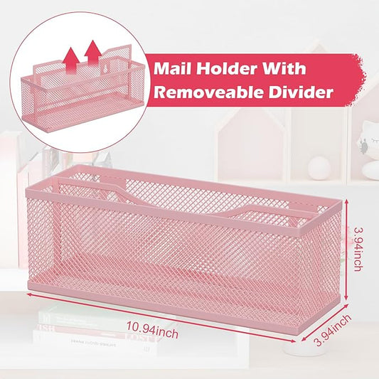 Mail Holder Countertop, Mail Organizer with 2 Slots, Mail Basket Wall Mounted Desktop Mail Sorter Letter Holder Box Envelope Organizer for Home Office, Pink