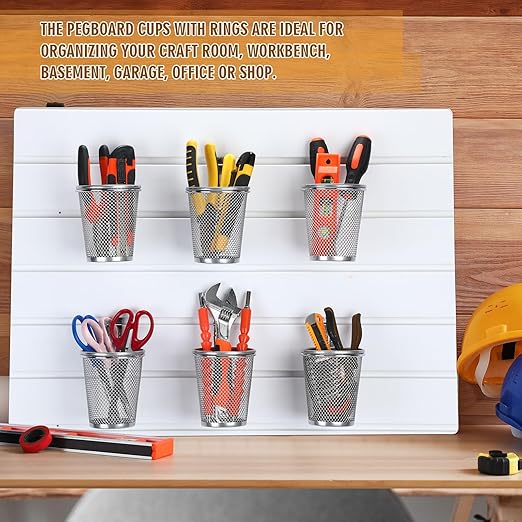 6 Set Slatwall Cups with Hook Loops, Mesh Steel Slatwall Tool Holder Bin Cups Pencil Holder Metal Slat Wall Organizer Accesories for Craft Garage Workshop Office Storage(Medium,Silver)