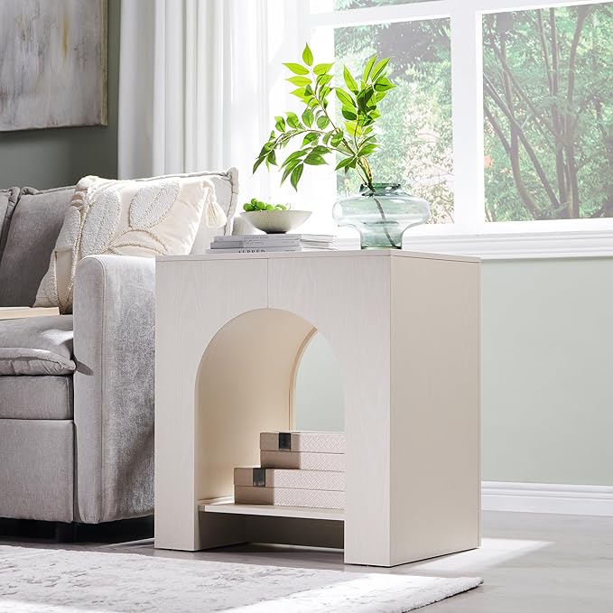 Arched End Table Set of 2 with Type-C Charging Station, 22" Modern Bedroom NightStand with Arched Shelf, Side Table with Outlet, USB, Type-C Port for Bedroom, Cream