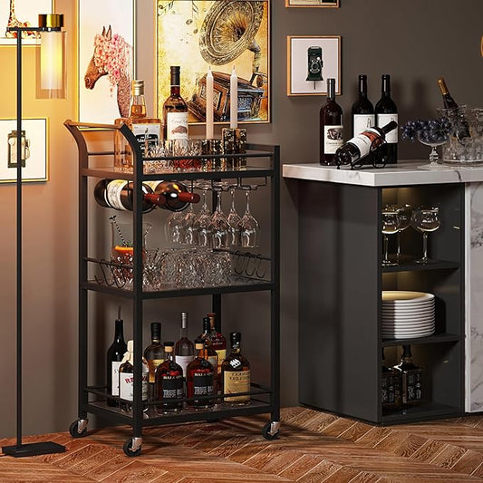 TUTOTAK Bar Cart, Home Bar Serving Cart with 3-Tier Mirrored Shelf, Mobile Kitchen Shelf, Rolling Beverage Cart, Black BC01BK034