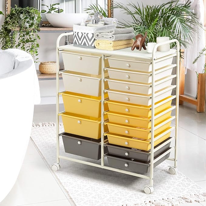 KOTEK 15-Drawer Rolling Storage Cart, Multipurpose Mobile Utility Cart with 4 Wheels, Home Office School Tools Scrapbook Paper Organizer (Yellow)