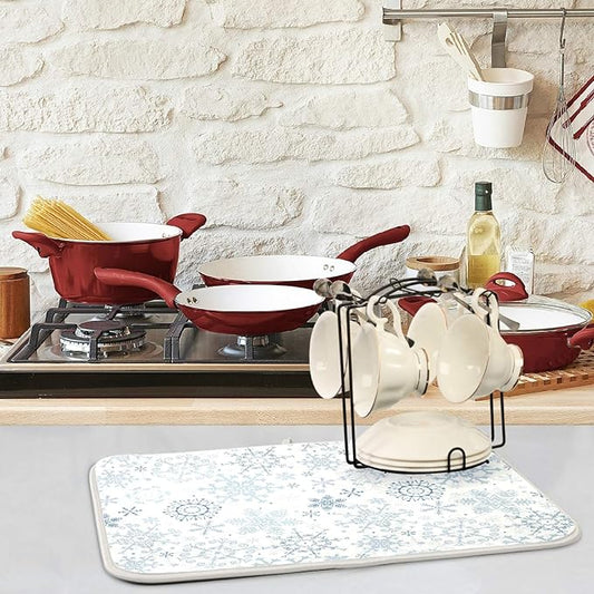 ZzWwR Chic Beautiful Snowflake Christmas Absorbent Dish Drying Mat Microfiber Kitchen Countertop Table Protector Multi-Purpose Counter Rack Sink Drainer Pad (16" x 18",White)
