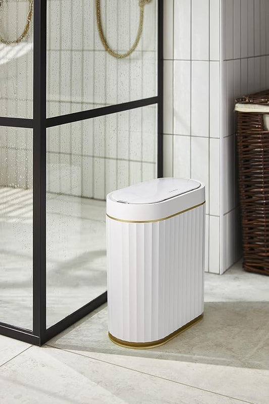 ELPHECO Automatic Motion Sensor Trash Can - 2 Gallon Slimline for Bathroom, Bedroom, Kitchen, Office - White with Gold Trim